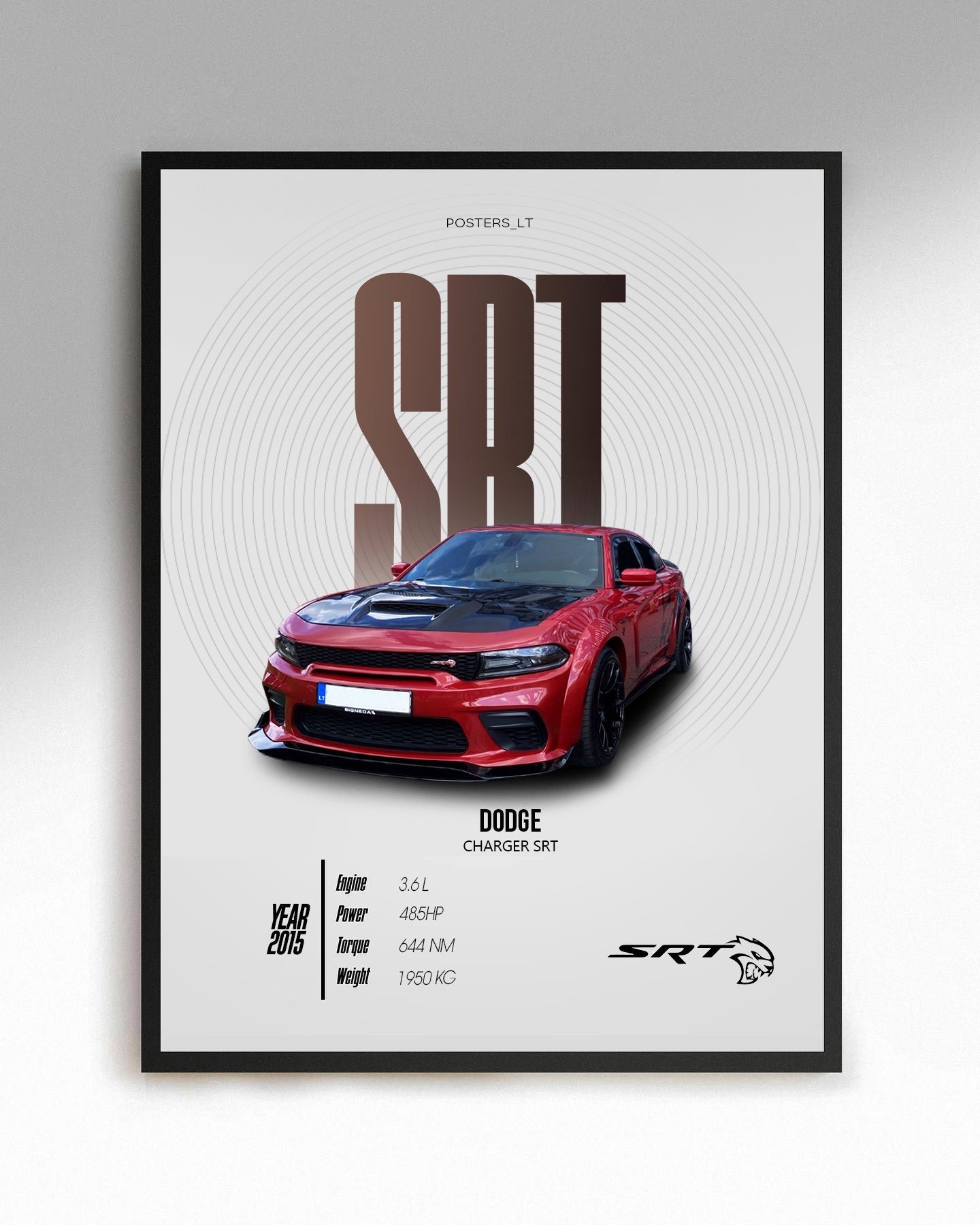 Framed poster of a red Dodge Charger SRT car with specifications listed below.