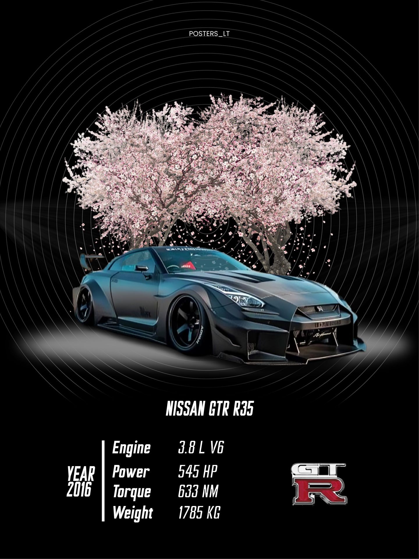 Poster of Nissan GTR R35 with specifications and cherry blossom trees in the background.