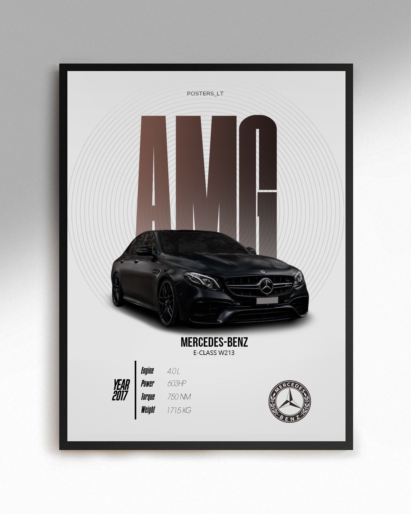 Framed poster of Mercedes-Benz E-Class W213 AMG with car details and logo.