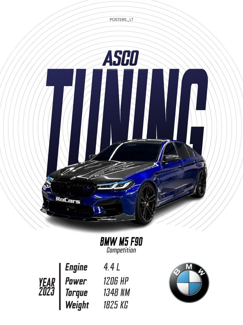 Modified BMW M5 F90 with 1206 HP displayed on tuning advertisement.